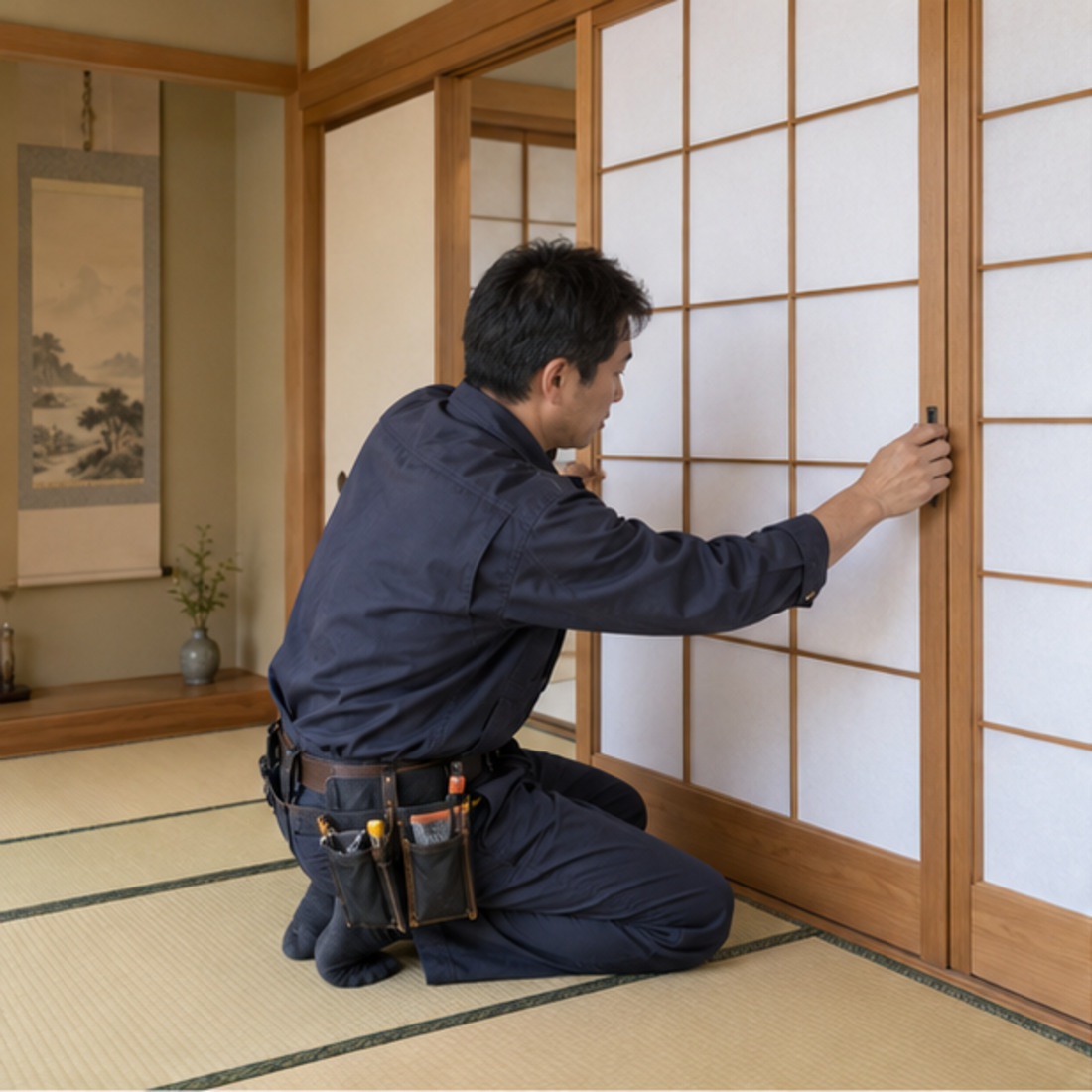 Reparo de porta shoji em quarto japonês com tatame